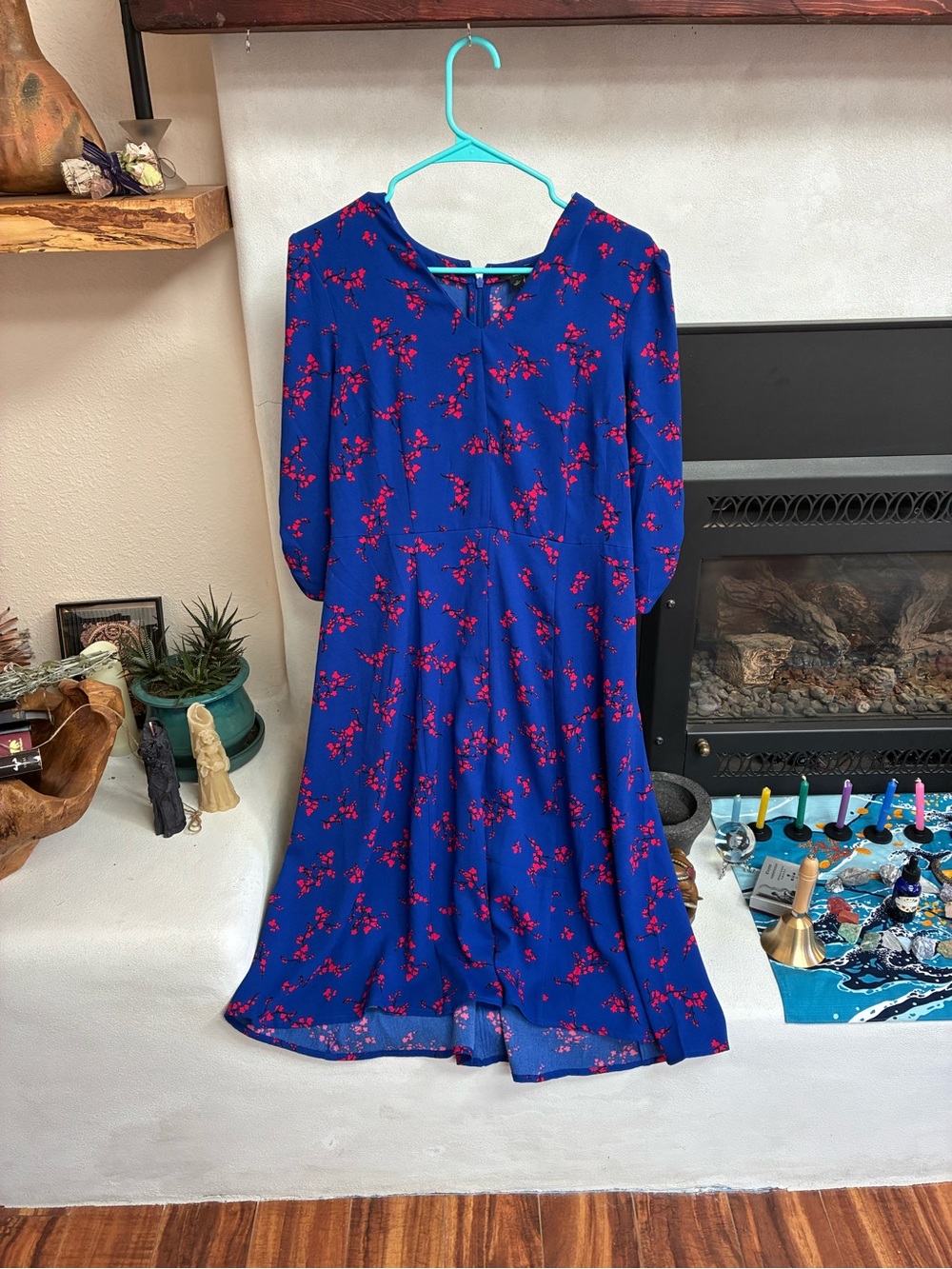 Ann Taylor Royal Blue Midi Dress with Red Floral Print